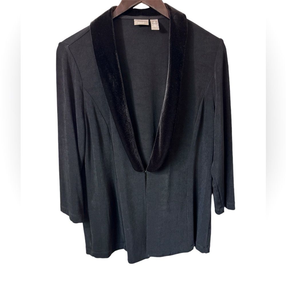 Chico's Travelers Size 2 Large Velvet Trim Black Open Front Cardigan office